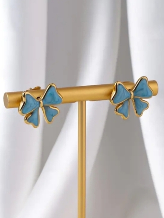Anthropologie Jewelry - Gold & Blue Bow Stud Earrings